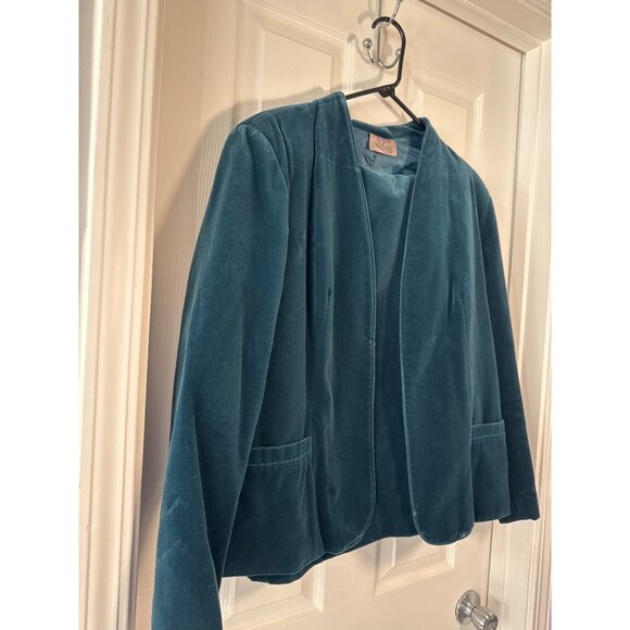 Vintage Tan Jay Womens 2-Piece Teal Velvet Blazer Skirt Set Cotton Blend Size 16 - Picture 2 of 13